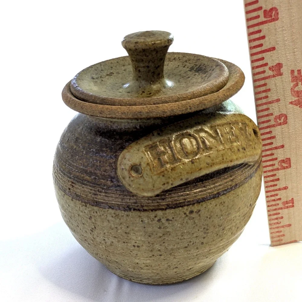 Studio Pottery Honey Pot Stoneware Jar with Lid and Wooden Dipper Brown Handmade